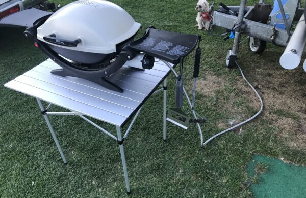 Aluminium Roll Up Folding Camping Table with Weber Baby Q BBQ and 3m Long Bayonet Hose