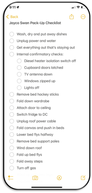 Jayco Swan Pack-Up Checklist