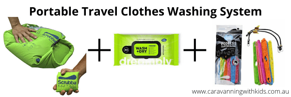 Portable Clothes Washing System - Scrubba Wash Bag and Dreambly Laundry Sheets and Pegless Clothesline