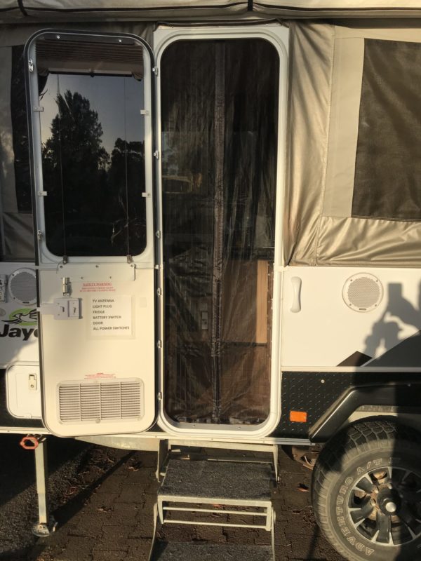 Finished Product - Magnetic fly screen curtain custom fitted to Jayco Swan Camper Trailer (outside view)
