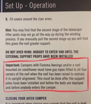 Warning About Using Fiamma and Airconditioner on Jayco Camper Trailer Without Guy Ropes