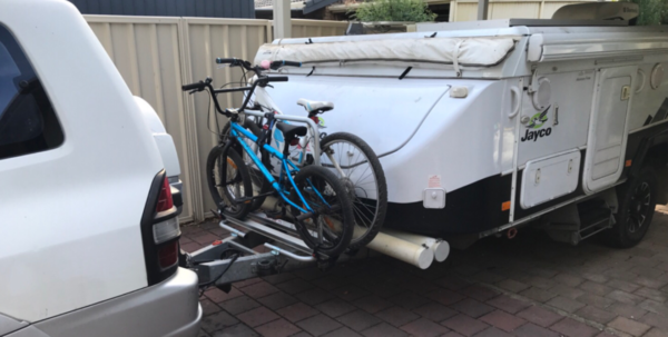 Fiamma Carry Bike XL on Jayco Swan attached to Mitsubishi Pajero